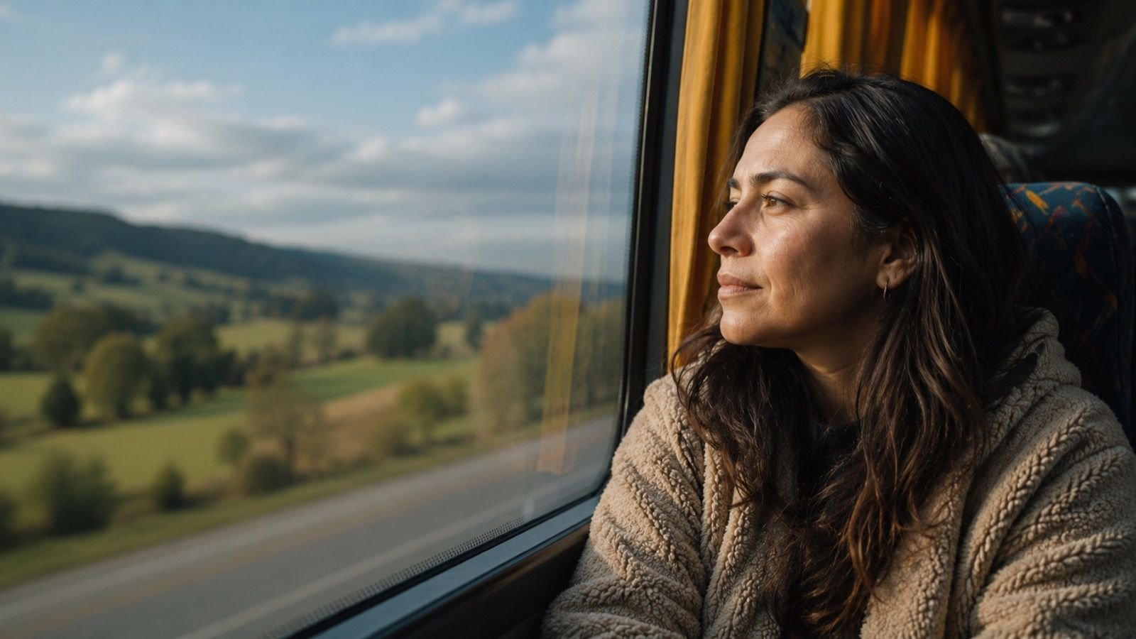 Pasajera mirando por la ventana durante un viaje en bus