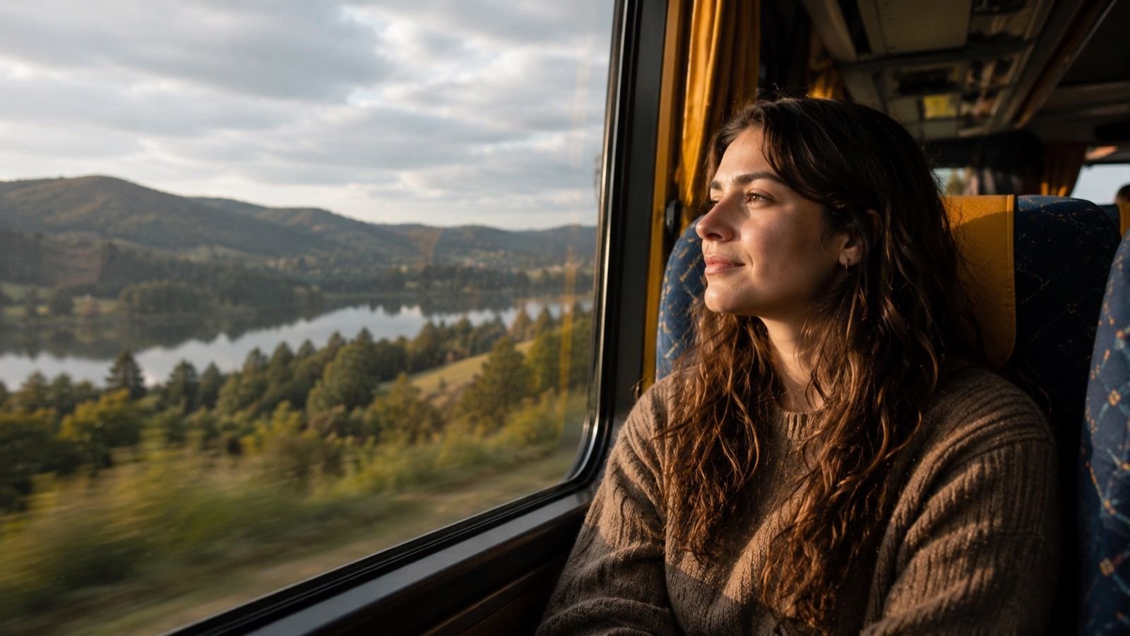 Pasajera junto a la ventana de un bus, con un lago y cerros al fondo