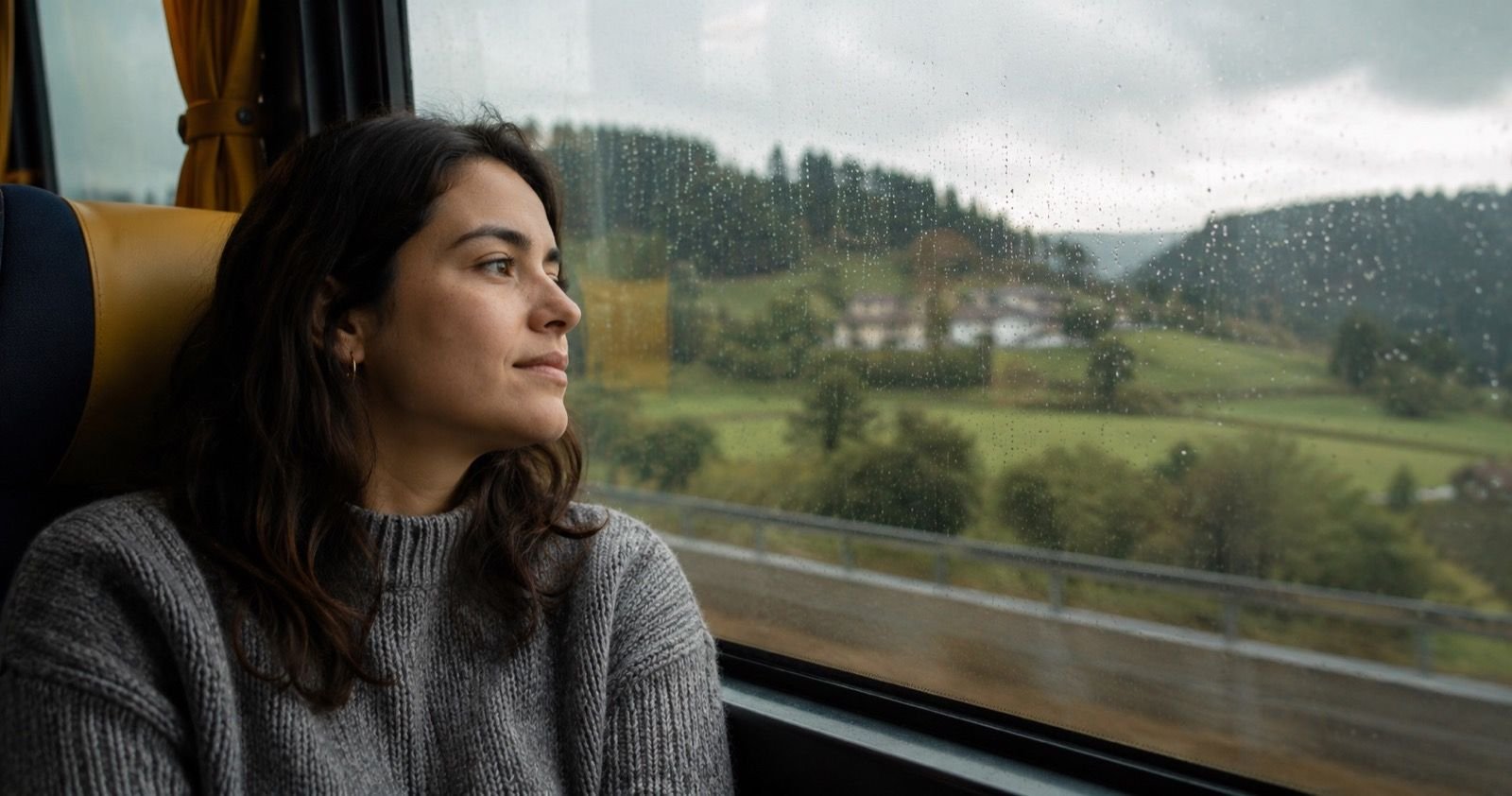 Pasajera mirando el paisaje por la ventana de un bus en un dia lluvioso